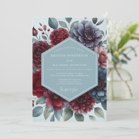 Burgundy Slate Moody Floral Wedding 招待状 (スタンド正面)