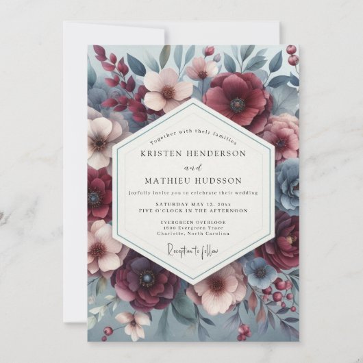 Burgundy & Slate Poetic Bloom Wedding 招待状 (正面)