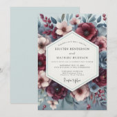 Burgundy & Slate Poetic Bloom Wedding 招待状 (正面/裏面)