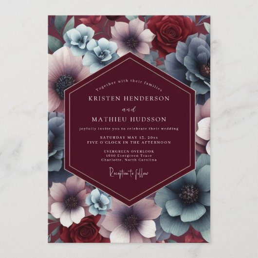 Burgundy Slate Twilight Bloom Wedding 招待状 (正面)