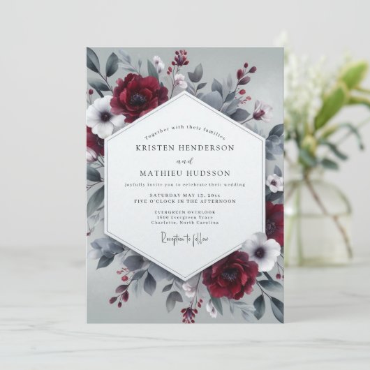 Burgundy Slate Wintry Bloom Wedding 招待状 (スタンド正面)