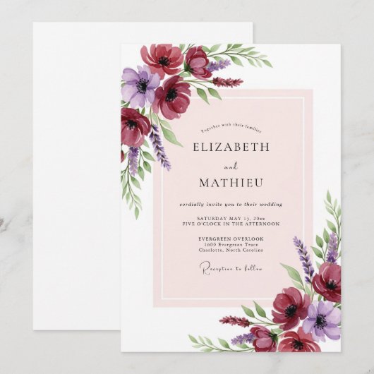 Burgundy Striking Spring Wedding 招待状 (正面/裏面)
