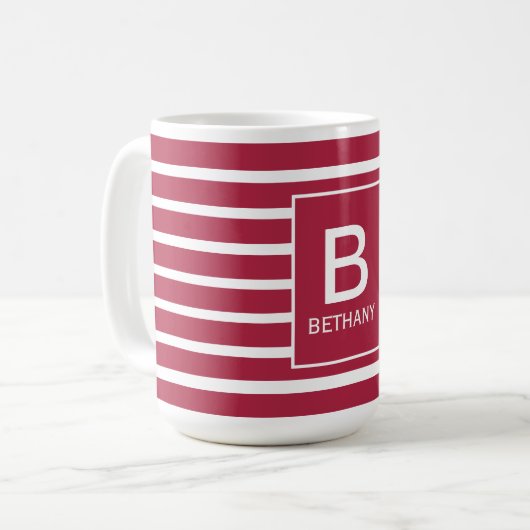 Burgundy Striped Monogram Personalised コーヒーマグカップ (正面左)