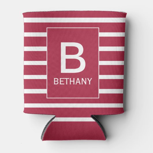Burgundy Striped Personalised Monogram 缶クーラー (正面)