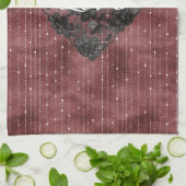 Burgundy Stripes Black Faux Lace Floral Heart  キッチンタオル (折り畳み)