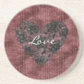 Burgundy Stripes Black Faux Lace Floral Heart コースター (正面)