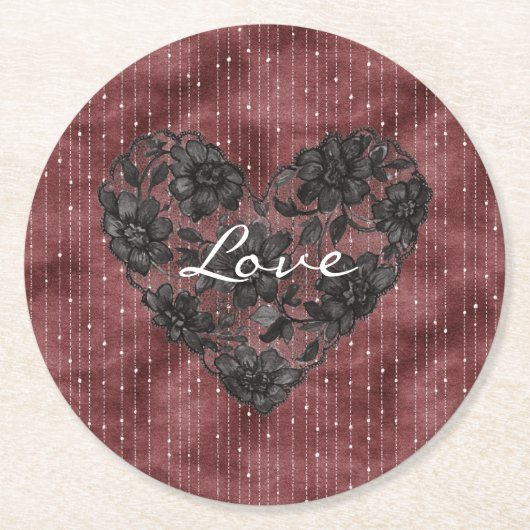 Burgundy Stripes Black Faux Lace Floral Heart  ラウンドペーパーコースター (正面)