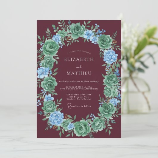 Burgundy Succulent Blossom Wedding 招待状 (スタンド正面)