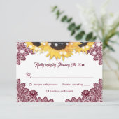 Burgundy Sunflower Lace Burlap Hearts Wedding 出欠カード (スタンド正面)