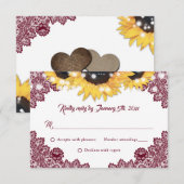 Burgundy Sunflower Lace Burlap Hearts Wedding 出欠カード (正面/裏面)