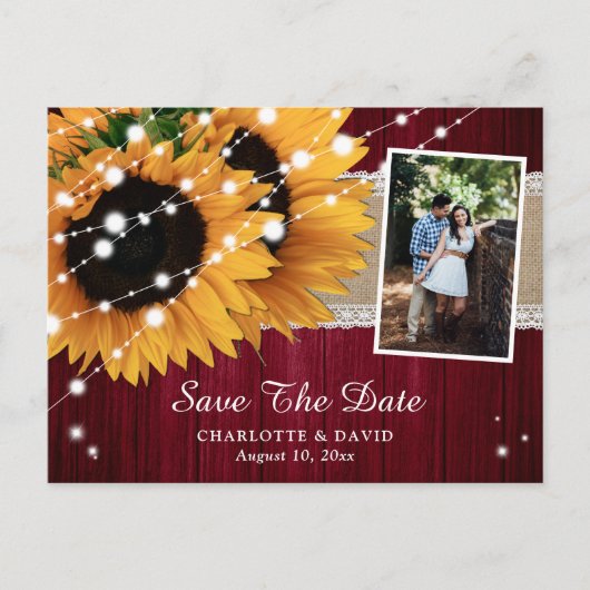 Burgundy Sunflower Save The Date Photo Postcard 案内ポストカード (正面)