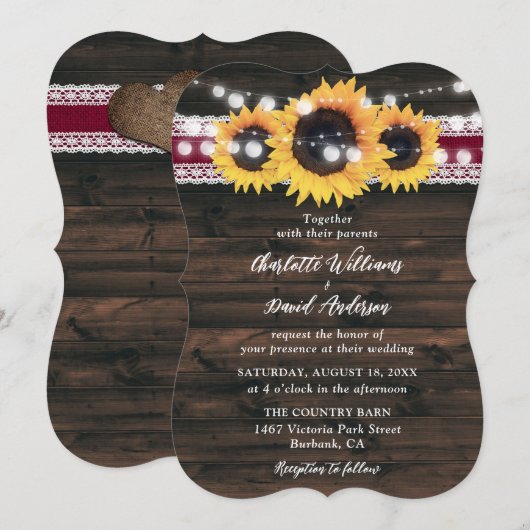 Burgundy Sunflower String Lights Lace Wood Wedding 招待状 (正面/裏面)