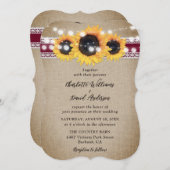 Burgundy Sunflower Vintage Burlap Lace Wedding 招待状 (正面/裏面)