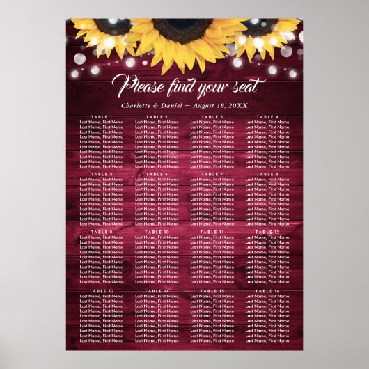 Burgundy Sunflower Wedding Table Plan 16 Poster ポスター (正面)