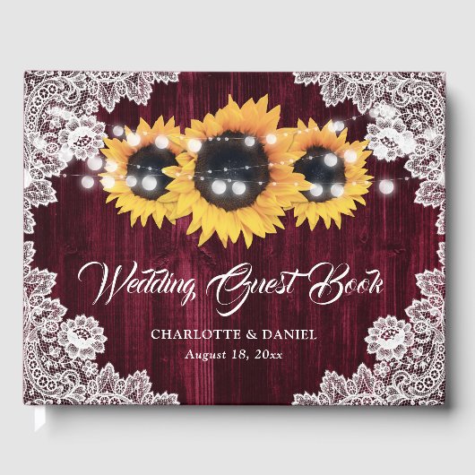 Burgundy Sunflower Wood Floral Lace Wedding ゲストブック (正面)