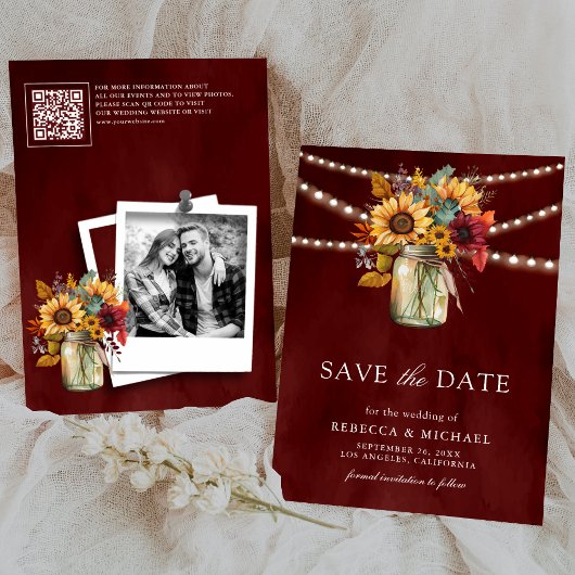 Burgundy Sunflowers QR Code Wedding Photo セーブザデート