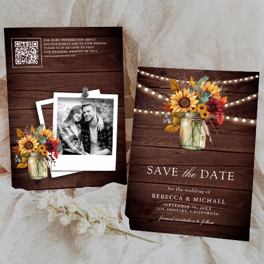 Burgundy Sunflowers Wood QR Code Wedding Photo セーブザデート