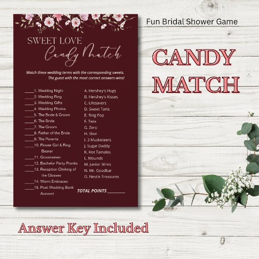 Burgundy Sweet Love Candy Match Answer Key