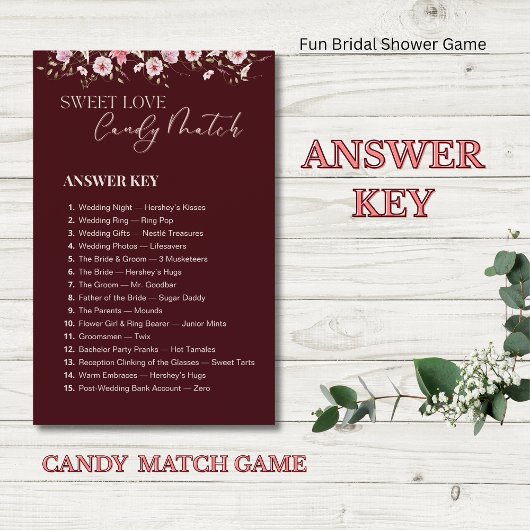 Burgundy Sweet Love Candy Match Bridal Shower Game