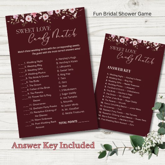 Burgundy Sweet Love Candy Match Bridal Shower Game