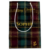 Burgundy, Teal, and Gold Plaid Christmas Custom ミディアムペーパーバッグ (正面)