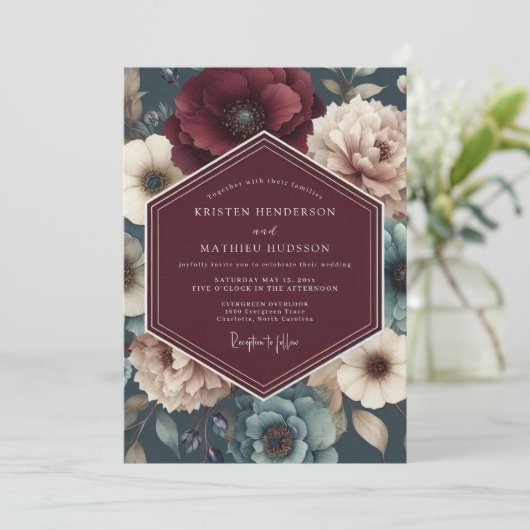 Burgundy Teal Bloom Wedding 招待状 (スタンド正面)