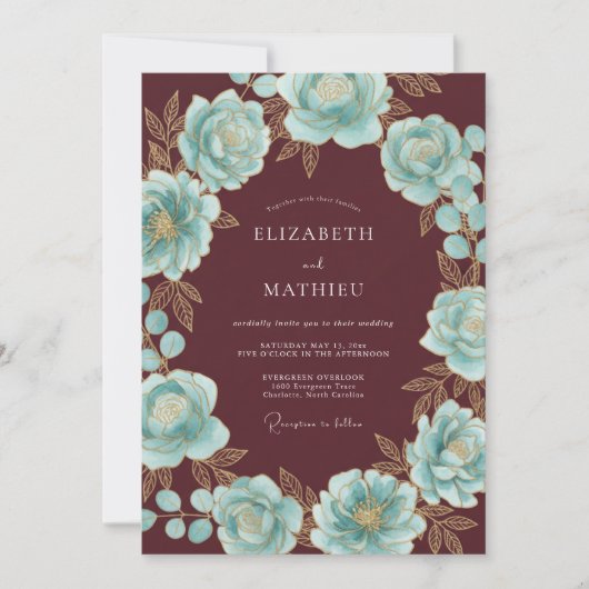 Burgundy Teal Floral Wreath Wedding 招待状 (正面)