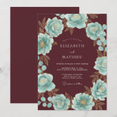 Burgundy Teal Floral Wreath Wedding 招待状 (正面/裏面)