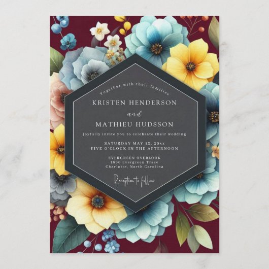 Burgundy & Teal Vibrant Bloom Wedding 招待状 (正面)