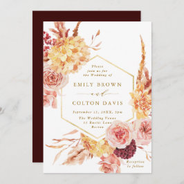 Burgundy Teracotta金ゴールドスクリプトフローラ結婚's 招待状