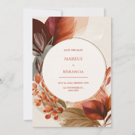 Burgundy Terracotta Circular Botanical Wedding 招待状