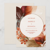 Burgundy Terracotta Circular Botanical Wedding 招待状 (正面/裏面)