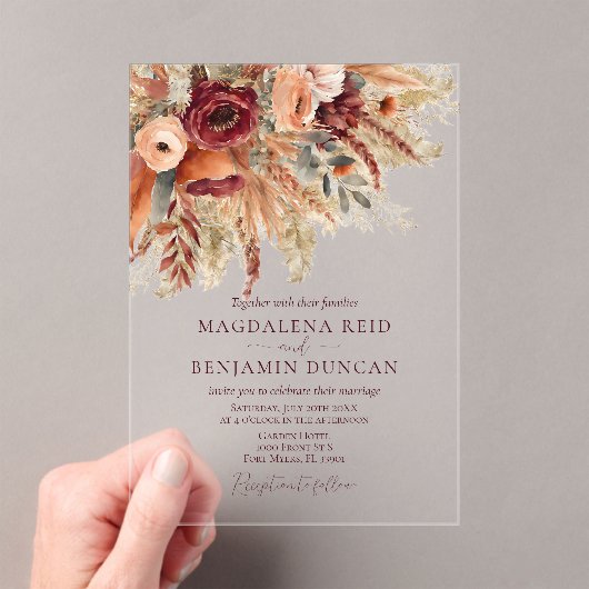 Burgundy Terracotta Florals Pampas Grass Wedding アクリル招待状 (インサイチュ (ポータブル))