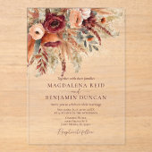 Burgundy Terracotta Florals Pampas Grass Wedding アクリル招待状 (正面)