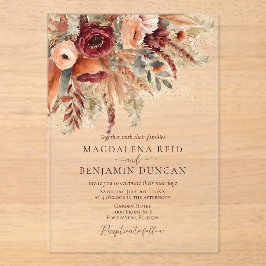 Burgundy Terracotta Florals Pampas Grass Wedding アクリル招待状