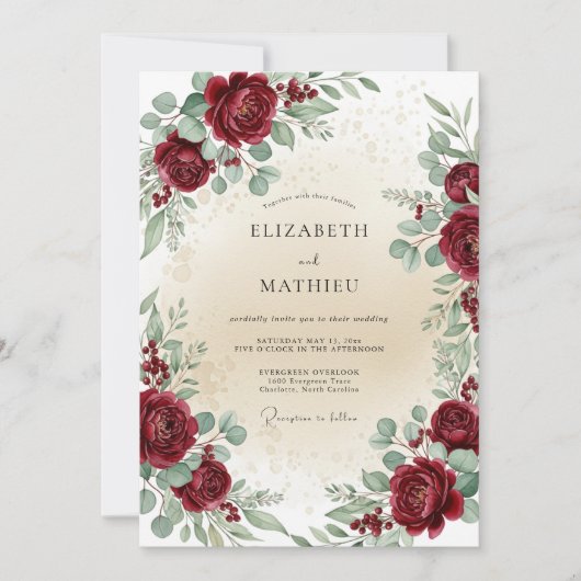 Burgundy Timeless Botanical Wedding 招待状 (正面)