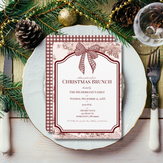Burgundy Toile Gingham Christmas Brunch Invitation 招待状