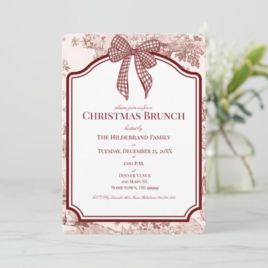 Burgundy Toile Gingham Christmas Brunch Invitation 招待状 (スタンド正面)