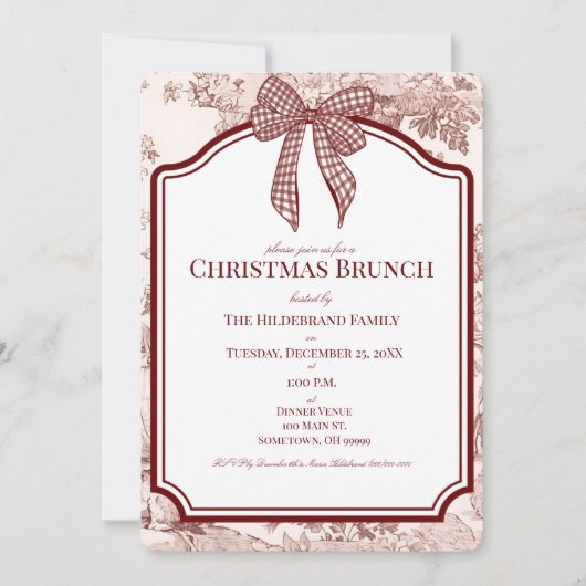 Burgundy Toile Gingham Christmas Brunch Invitation 招待状 (正面)