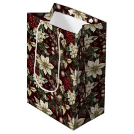 Burgundy Traditional Christmas Floral ミディアムペーパーバッグ