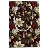 Burgundy Traditional Christmas Floral ミディアムペーパーバッグ (正面)