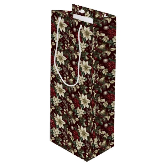 Burgundy Traditional Christmas Floral ワインギフトバッグ (正面アングル)
