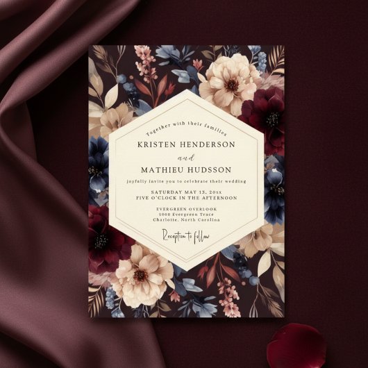 Burgundy Twilight Botanical Romance Wedding 招待状