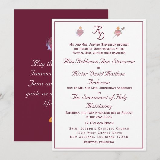 Burgundy Two Hearts Catholic Wedding Invitation 招待状 (正面/裏面)