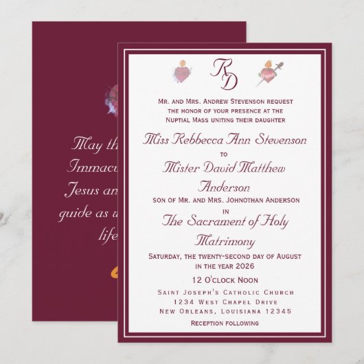 Burgundy Two Hearts Catholic Wedding Invitation 招待状 (正面/裏面)
