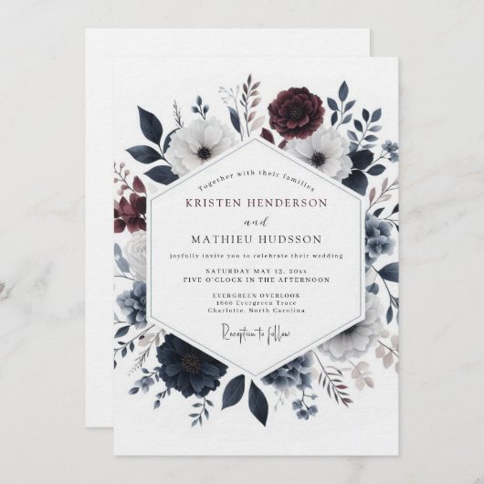 Burgundy Umbral Bloom Wedding 招待状 (正面/裏面)