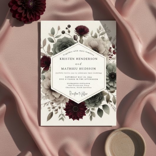 Burgundy Velvet Bloom Ethereal Wedding 招待状