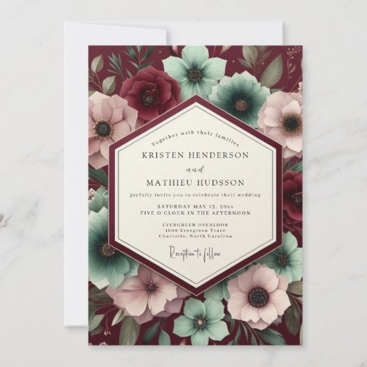 Burgundy Velvet Bloom Wedding 招待状 (正面)