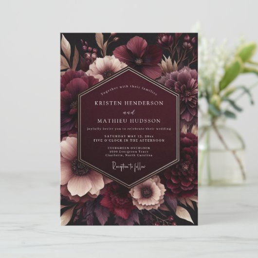 Burgundy Velvet Bloom Wedding 招待状 (スタンド正面)