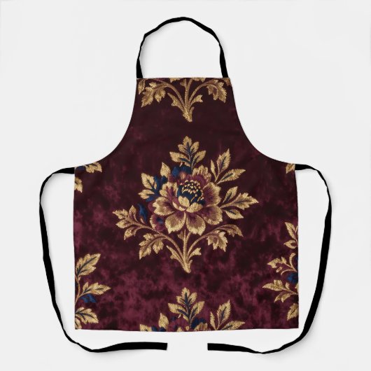 Burgundy Velvet Peony Gold Embroidery Floral  エプロン (正面)